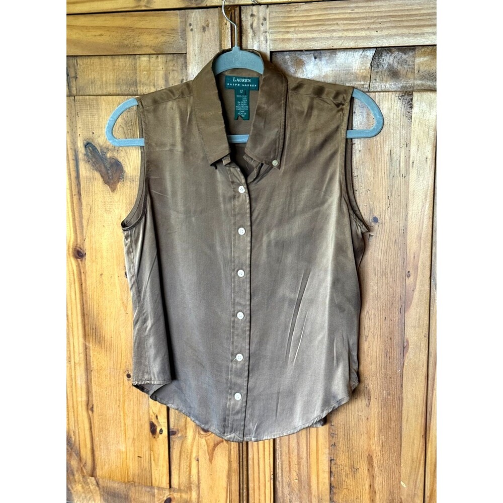 NWOT Lauren Ralph Lauren 100% Silk Sleeveless Collared Button Front Top Size 12